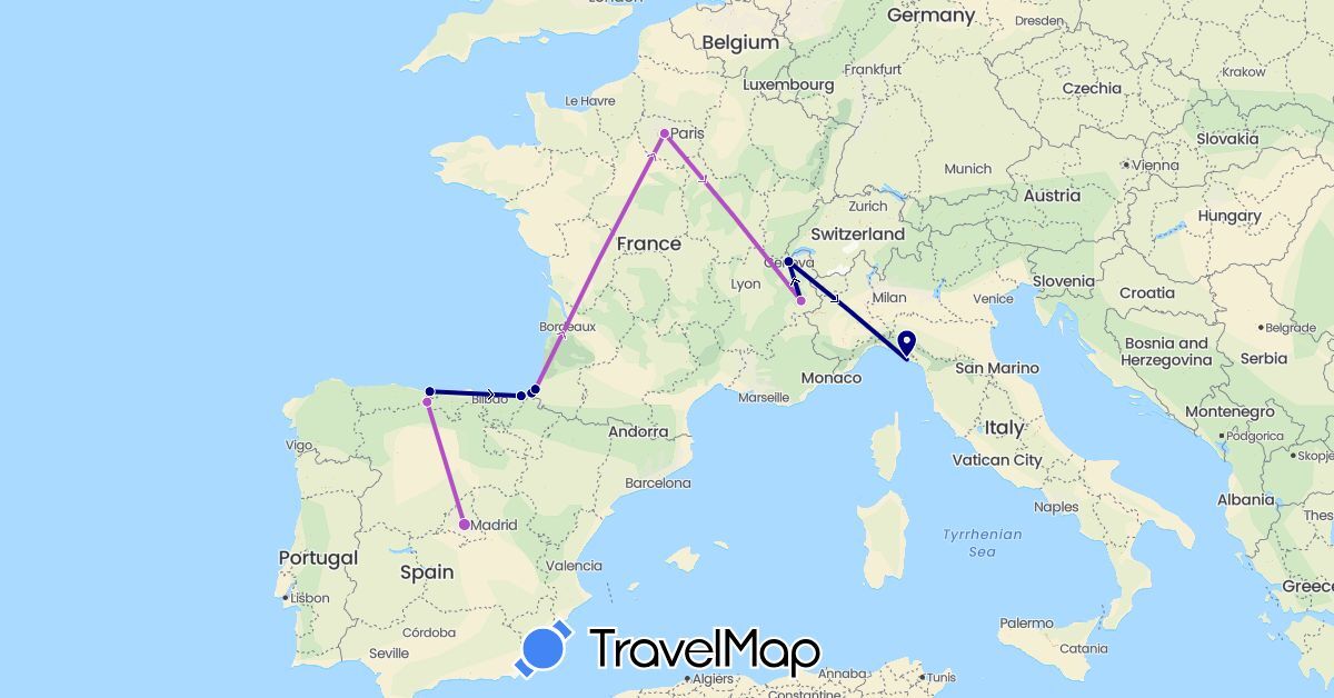 TravelMap itinerary: driving, train in Switzerland, Spain, France, Italy (Europe)