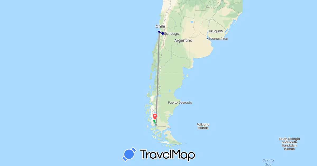 TravelMap itinerary: driving, bus, plane, hiking in Chile (South America)