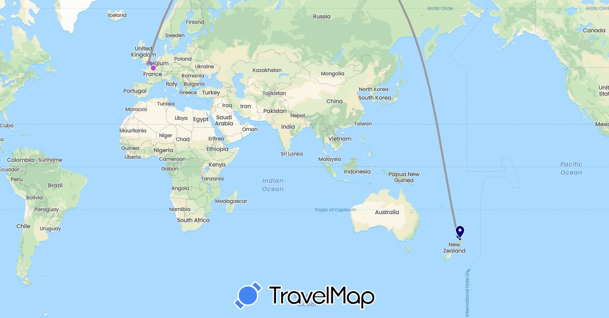 TravelMap itinerary: driving, plane, train in France, United Kingdom, New Zealand (Europe, Oceania)